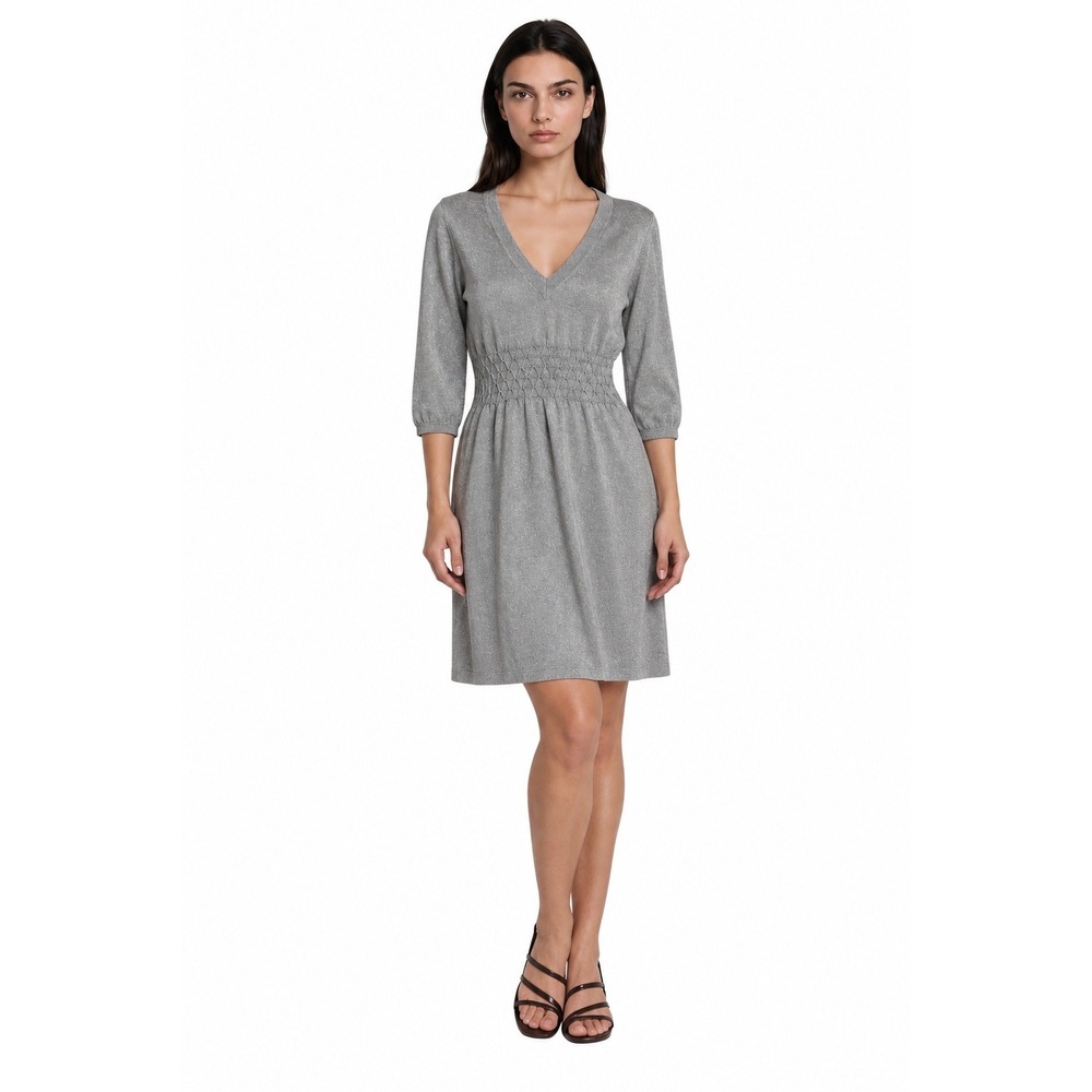 New Dolce Cabo Silver Sweater Dress Women's Size Large Metallic Smocked Waist